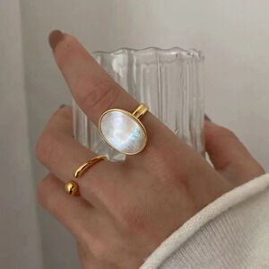 925 Sterling Silver White Mother of Pearl Vintage Gold Oval Statement Ring